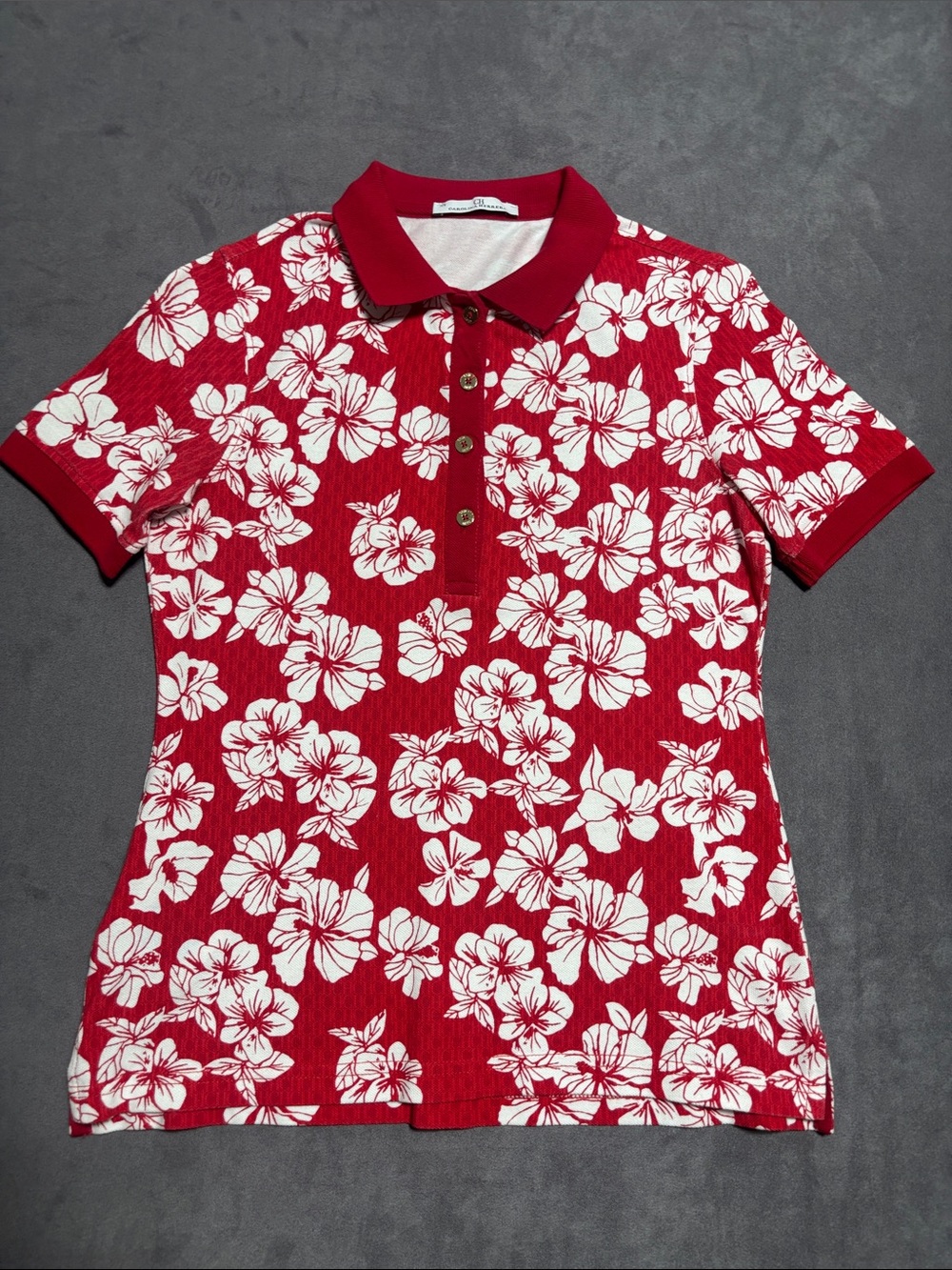 Carolina Herrera CH Women Polo Shirt Top Red White Hibiscus Floral Print Size XS